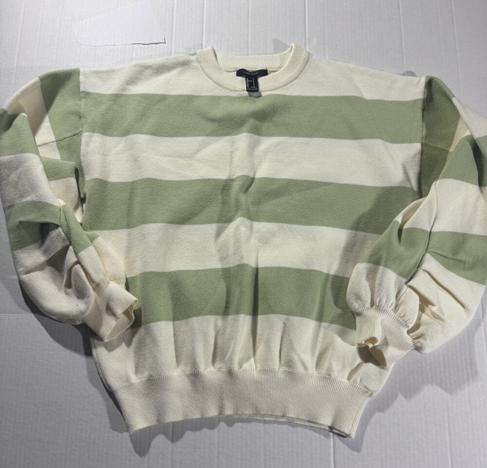 Forever 21 Womens Green/White Striped Crew Neck Pullover Cotton Knit Sweater L